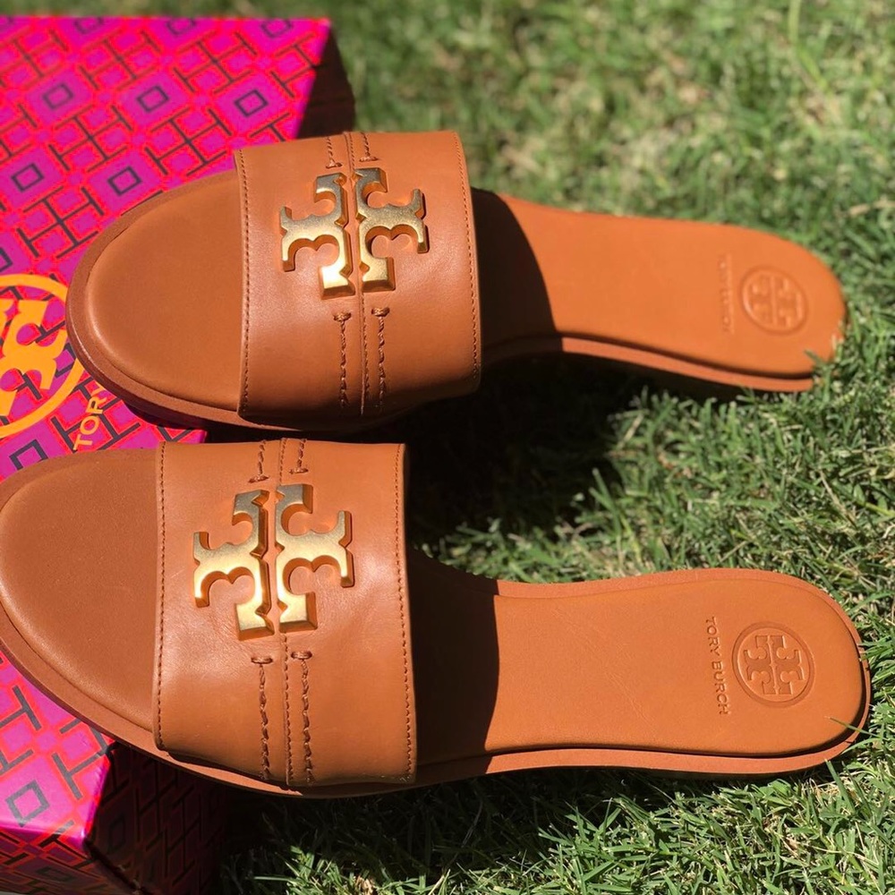Tory Burch Everly Calf Leather Gold Signature Logo Slide